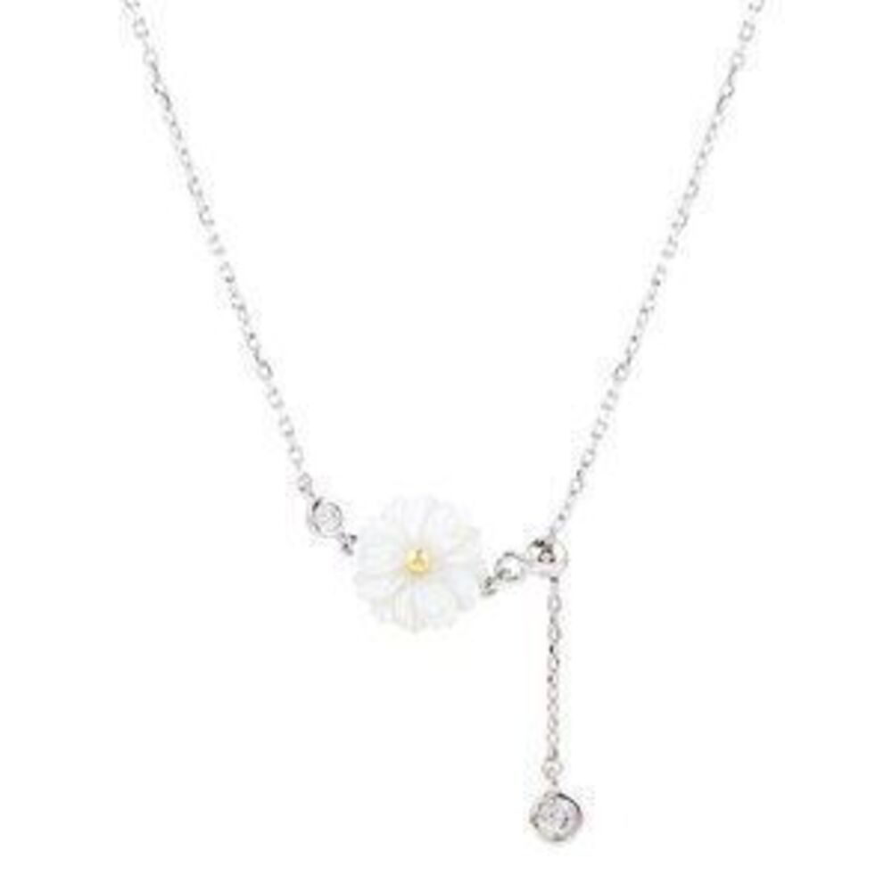 NEW 925 Silver Shell Daisy Diamond Drop Necklace